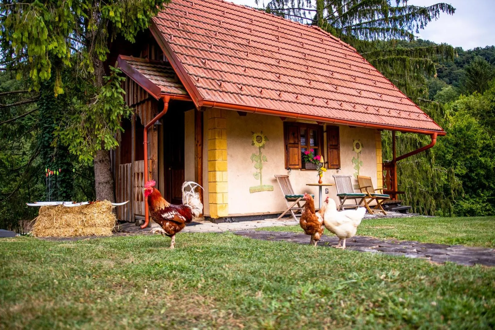 Pastirski stan od zunaj, poslikano cvetje na glinenih stenah.